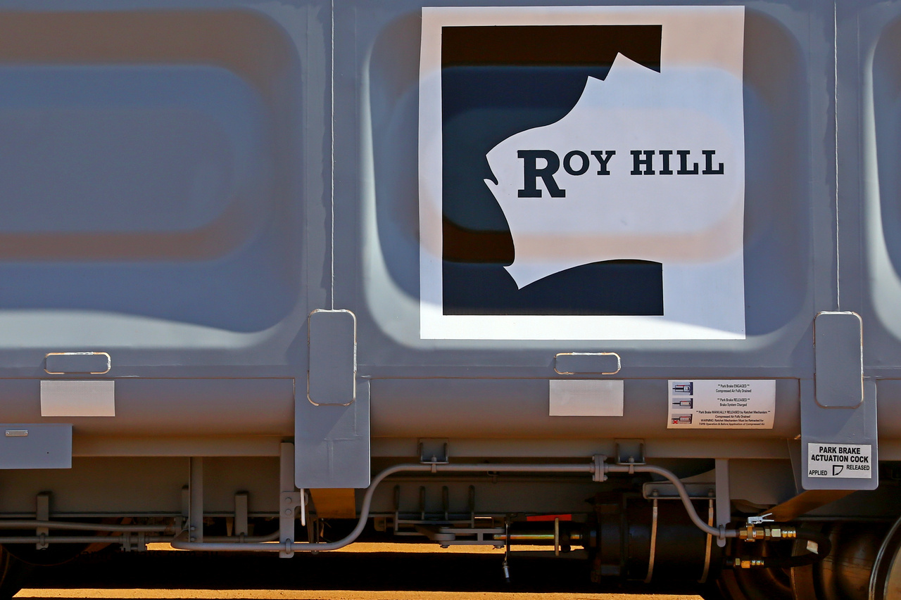 150314 7795
Wedgefield, following the delivery of Roy Hill's 1196 new GA type CCK138 model waggons, they were stored in several site whilst awaiting for enough track to be laid to allow delivery onto rail. GA2238 side view showing the logo and park brake details. March 14. 2015.
Keywords: GA-type;GA2238;CSR-Yangtze;CCK138