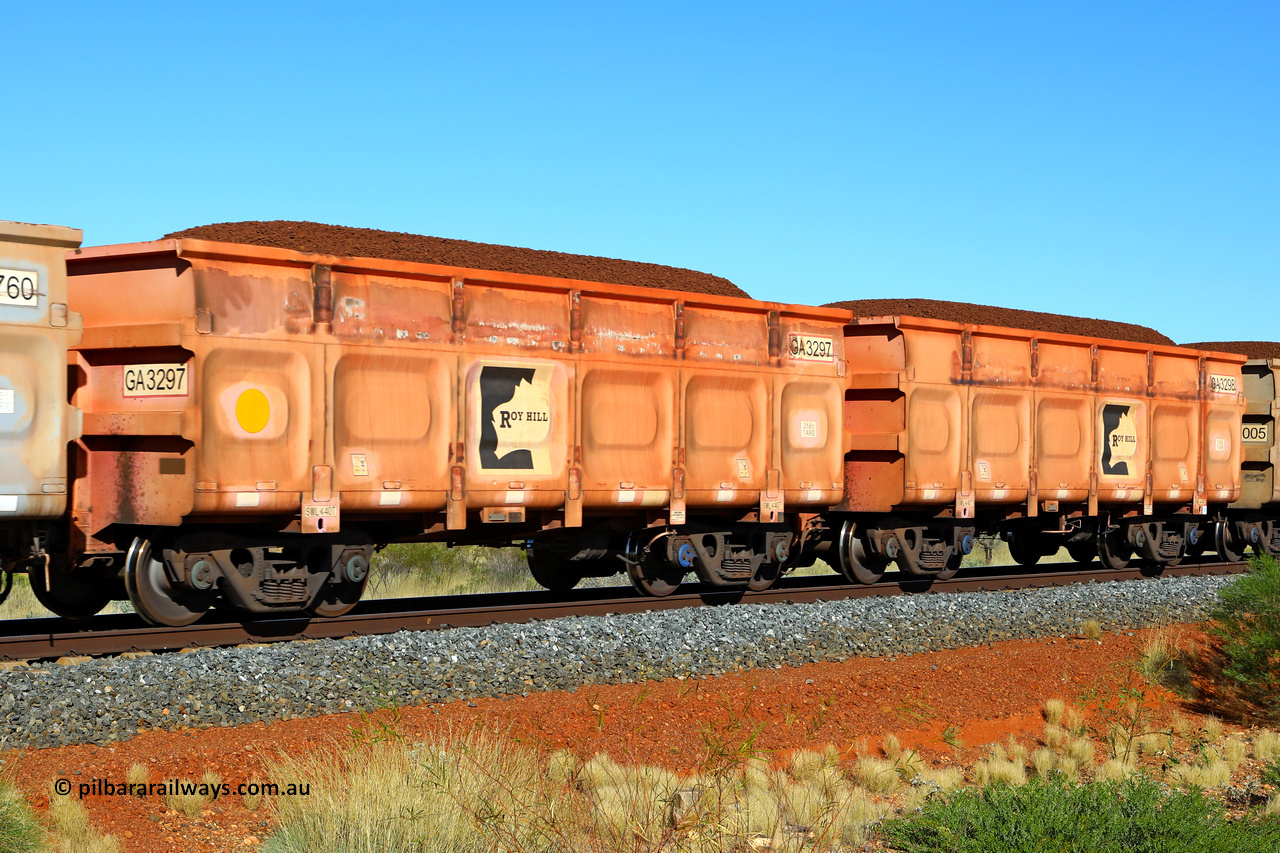 250501 0318
At the 88.448 km, just south of HPPL crossing loop on the Roy Hill line, loaded Roy Hill waggon pair GA 3297 - GA 3298, built in China by CRRC Yangtze as an CCK138 model ore waggon in Breast Cancer Awareness pink livery. May 1, 2025.
Keywords: GA-type;GA3297-GA3298;CRRC-Yangtze;CCK138;