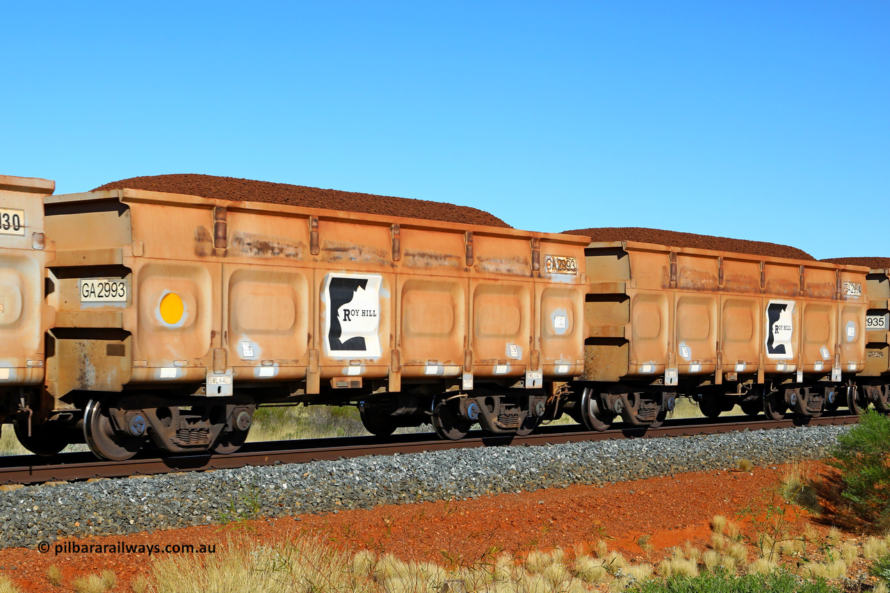 250501 0321
At the 88.448 km, just south of HPPL crossing loop on the Roy Hill line, loaded Roy Hill waggon pair GA 2993 - GA 2994, built in China by CSR Yangtze as an CCK138 model ore waggon. May 1, 2025.
Keywords: GA-type;GA2993-GA2994;CSR-Yangtze;CCK138;