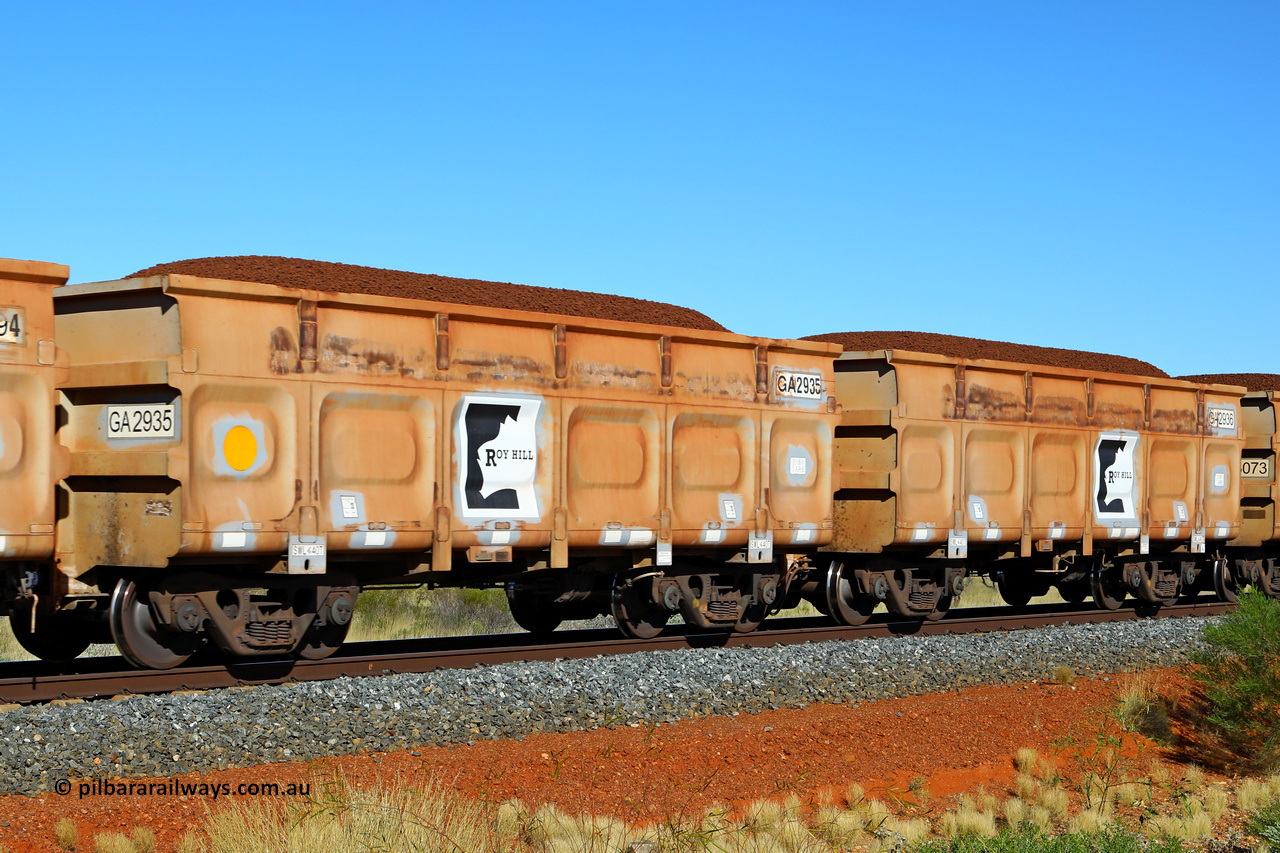 250501 0322
At the 88.448 km, just south of HPPL crossing loop on the Roy Hill line, loaded Roy Hill waggon pair GA 2935 - GA 2936, built in China by CSR Yangtze as an CCK138 model ore waggon. May 1, 2025.
Keywords: GA-type;GA2935-GA2936;CSR-Yangtze;CCK138;