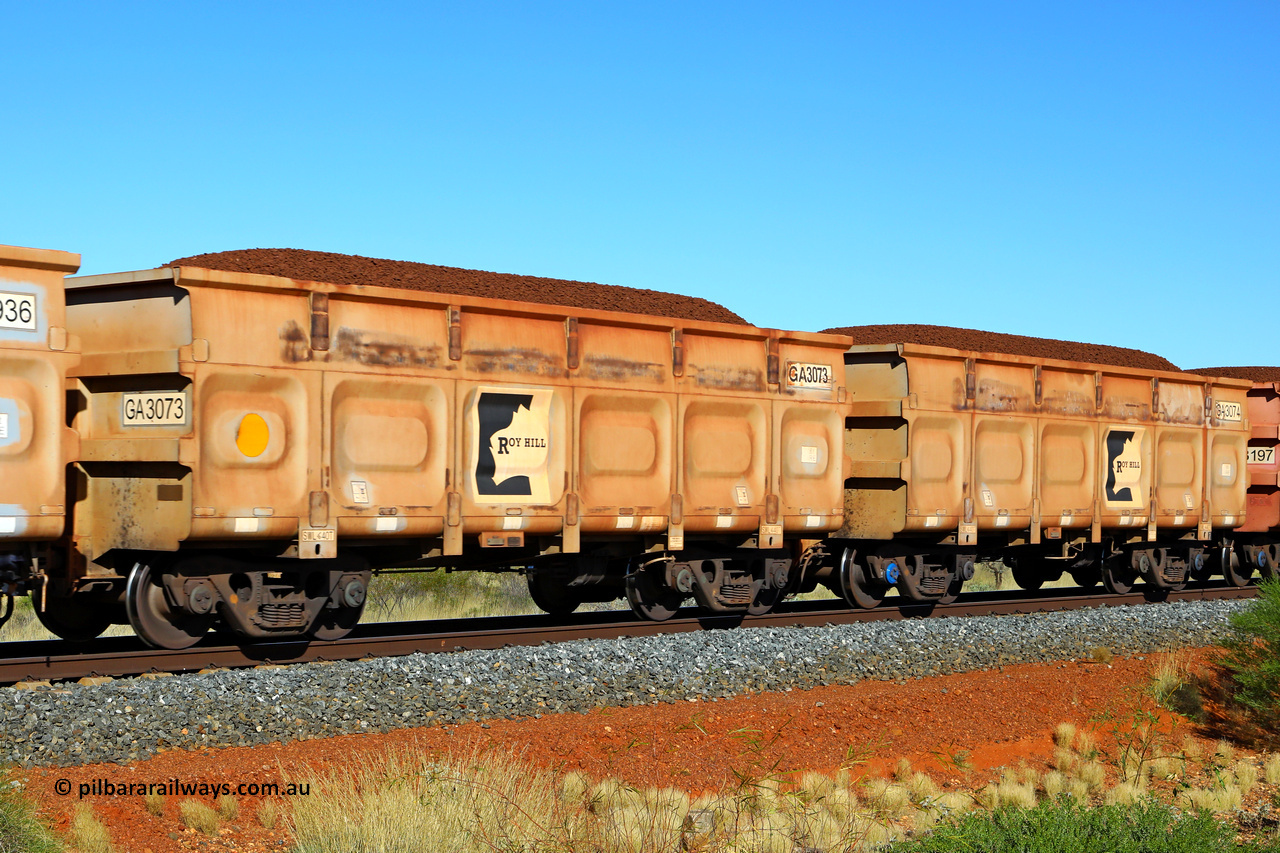 250501 0323
At the 88.448 km, just south of HPPL crossing loop on the Roy Hill line, loaded Roy Hill waggon pair GA 3073 - GA 3074, built in China by CSR Yangtze as an CCK138 model ore waggon. May 1, 2025.
Keywords: GA-type;GA3073-GA3074;CSR-Yangtze;CCK138;