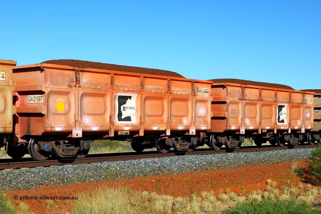 250501 0324
At the 88.448 km, just south of HPPL crossing loop on the Roy Hill line, loaded Roy Hill waggon pair GA 3197 - GA 3198, built in China by CRRC Yangtze as an CCK138 model ore waggon in Breast Cancer Awareness pink livery. May 1, 2025.
Keywords: GA-type;GA3197-GA3198;CRRC-Yangtze;CCK138;