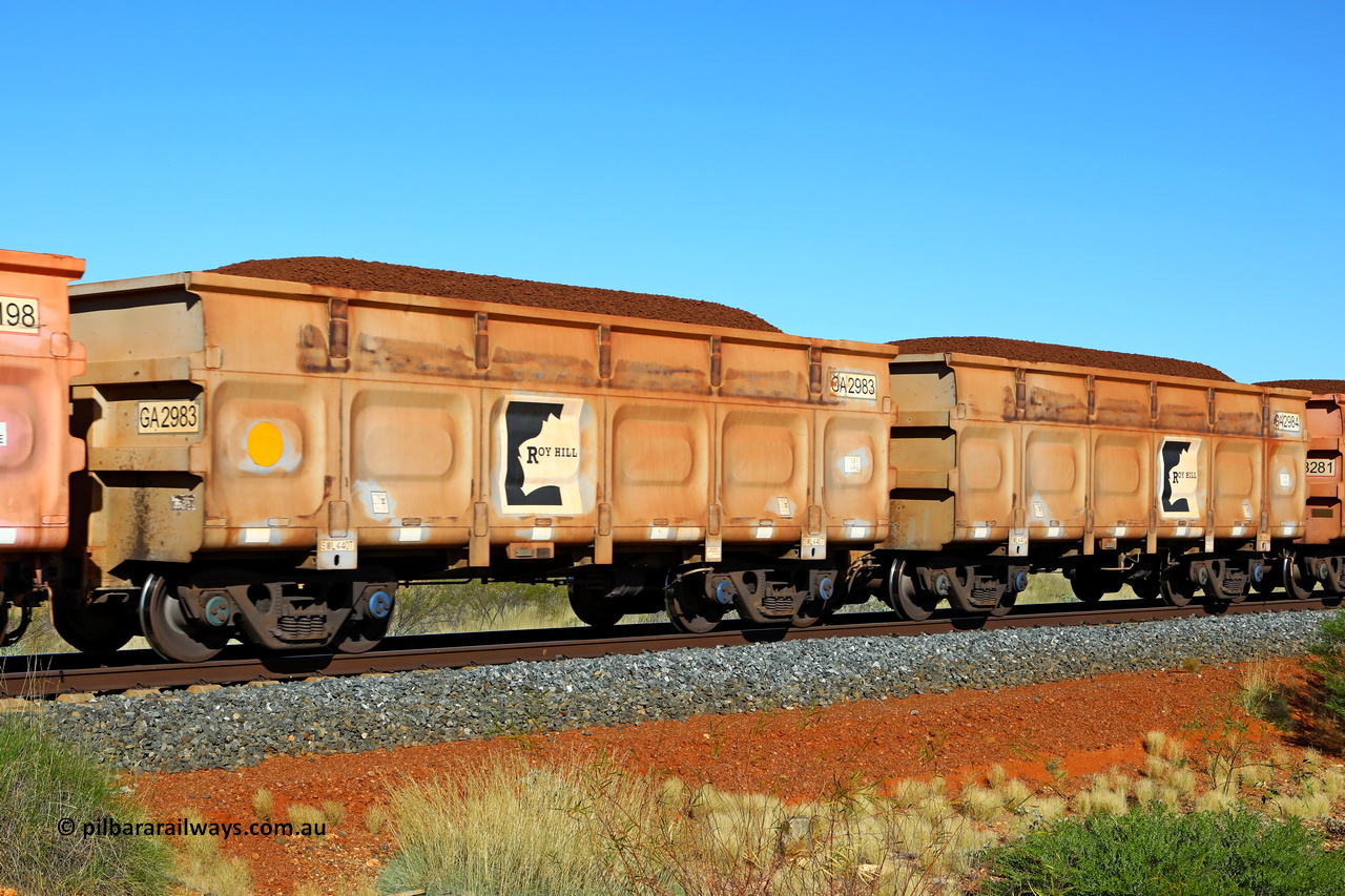 250501 0325
At the 88.448 km, just south of HPPL crossing loop on the Roy Hill line, loaded Roy Hill waggon pair GA 2983 - GA 2984, built in China by CSR Yangtze as an CCK138 model ore waggon. May 1, 2025.
Keywords: GA-type;GA2983-GA2984;CSR-Yangtze;CCK138;