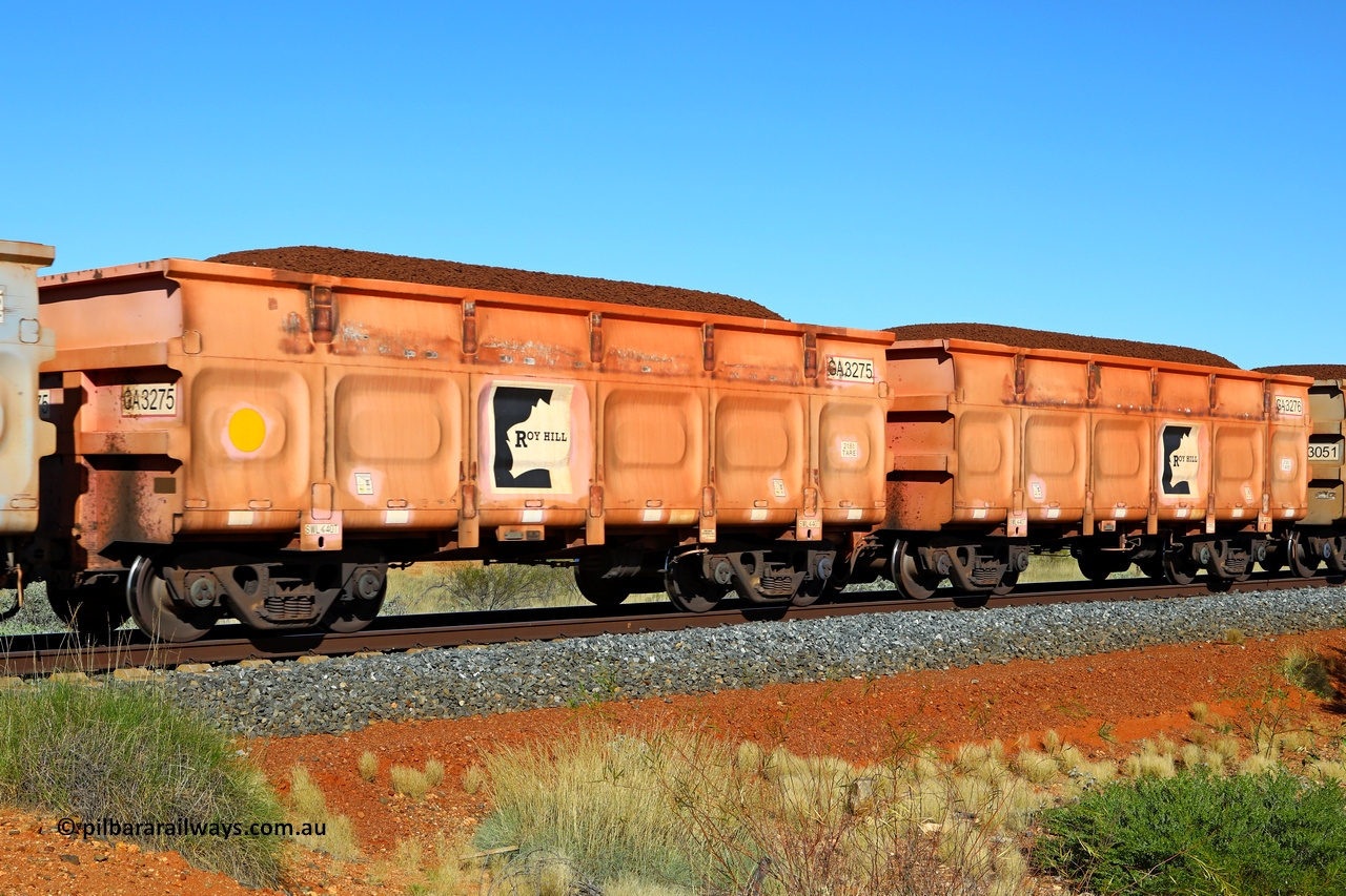 250501 0336
At the 88.448 km, just south of HPPL crossing loop on the Roy Hill line, loaded Roy Hill waggon pair GA 3275 - GA 3276, built in China by CRRC Yangtze as an CCK138 model ore waggon in Breast Cancer Awareness pink livery. May 1, 2025.
Keywords: GA-type;GA3275-GA3276;CRRC-Yangtze;CCK138;