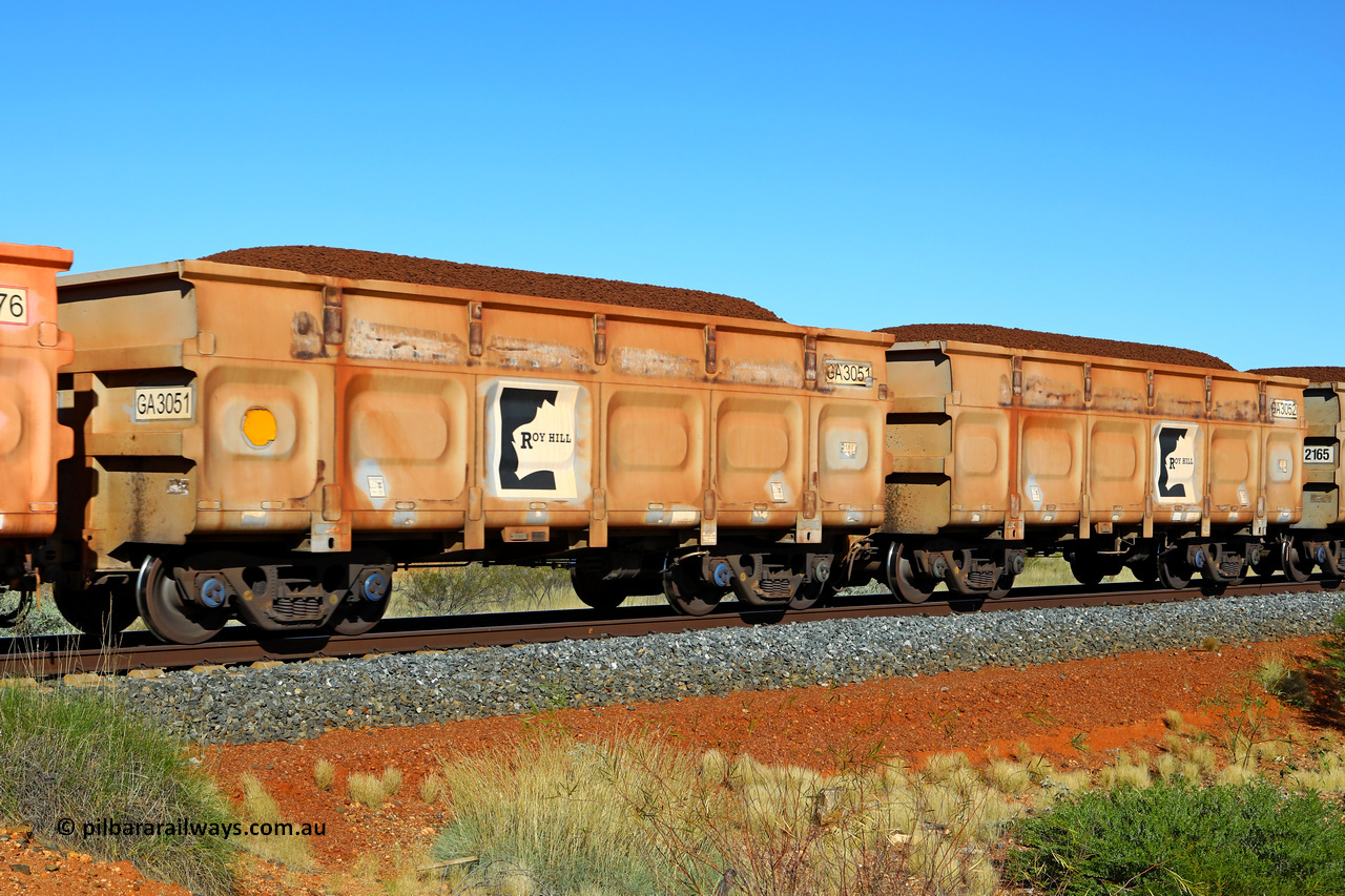 250501 0337
At the 88.448 km, just south of HPPL crossing loop on the Roy Hill line, loaded Roy Hill waggon pair GA 3051 - GA 3052, built in China by CSR Yangtze as an CCK138 model ore waggon. May 1, 2025.
Keywords: GA-type;GA3051-GA3052;CSR-Yangtze;CCK138;