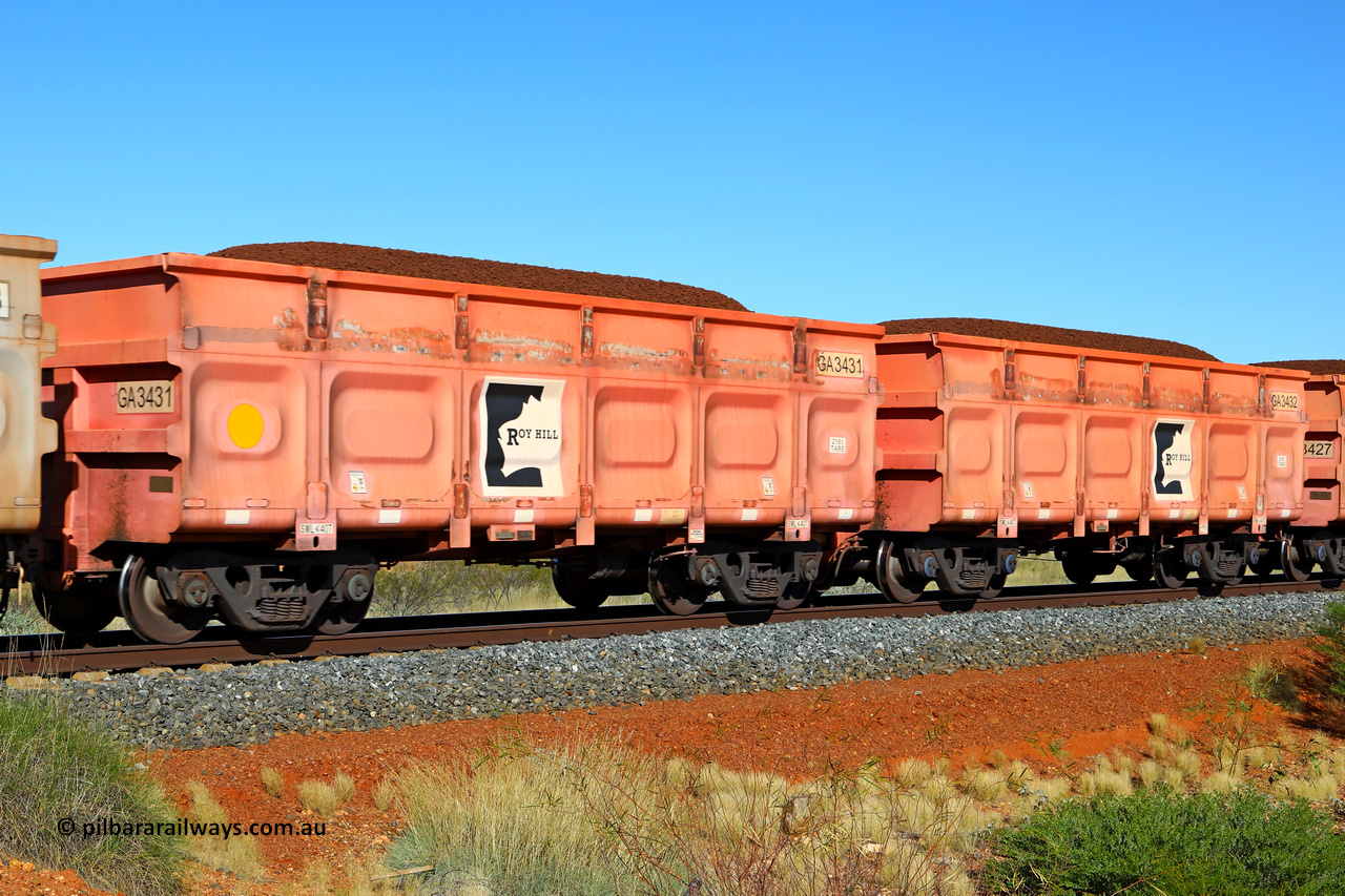 250501 0341
At the 88.448 km, just south of HPPL crossing loop on the Roy Hill line, loaded Roy Hill waggon pair GA 3431 - GA 3432, built in China by CSR Yangtze as an CCK138 model ore waggon in Breast Cancer Awareness pink livery. May 1, 2025.
Keywords: GA-type;GA3431-GA3432;CSR-Yangtze;CCK138;