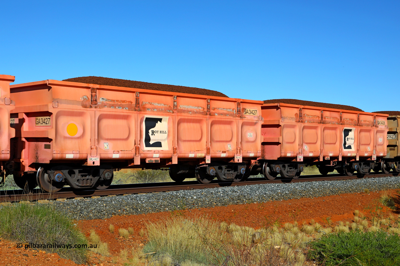 250501 0342
At the 88.448 km, just south of HPPL crossing loop on the Roy Hill line, loaded Roy Hill waggon pair GA 3427 - GA 3428, built in China by CRRC Yangtze as an CCK138 model ore waggon in Breast Cancer Awareness pink livery. May 1, 2025.
Keywords: GA-type;GA3427-GA3428;CRRC-Yangtze;CCK138;