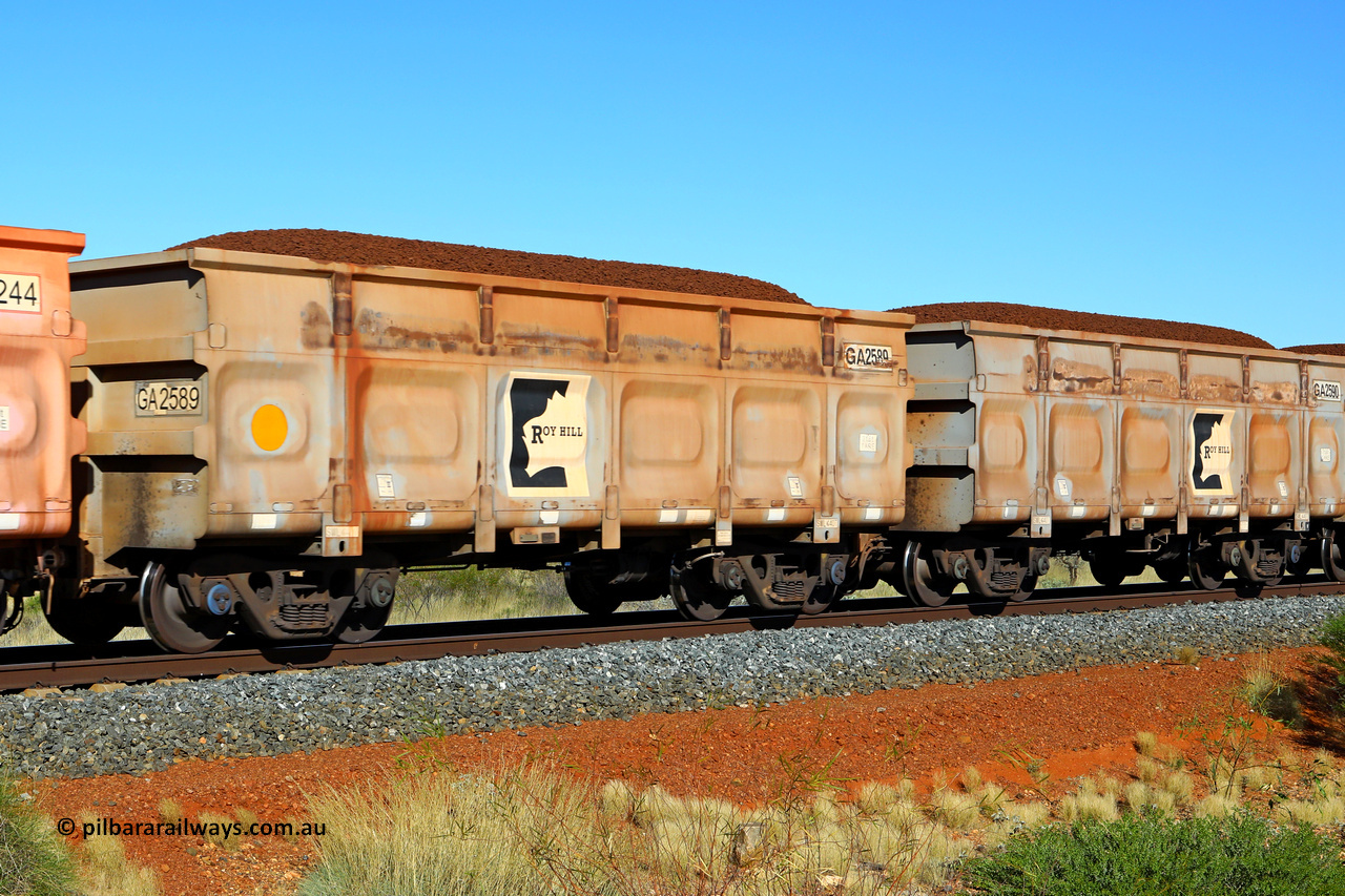 250501 0347
At the 88.448 km, just south of HPPL crossing loop on the Roy Hill line, loaded Roy Hill waggon pair GA 2589 - GA 2590, built in China by CSR Yangtze as an CCK138 model ore waggon. May 1, 2025.
Keywords: GA-type;GA2589-GA2590;CSR-Yangtze;CCK138;