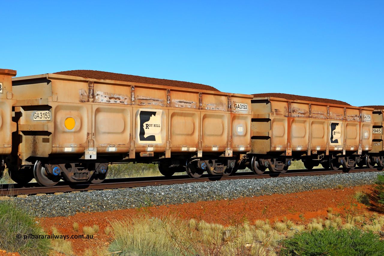 250501 0354
At the 88.448 km, just south of HPPL crossing loop on the Roy Hill line, loaded Roy Hill waggon pair GA 3153 - GA 3154, built in China by CSR Yangtze as an CCK138 model ore waggon. May 1, 2025.
Keywords: GA-type;GA3153-GA3154;CSR-Yangtze;CCK138;