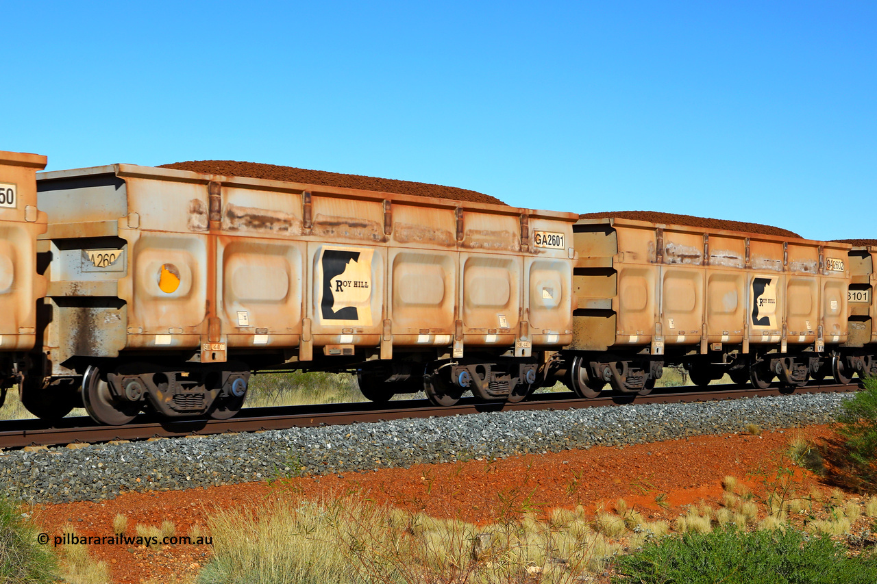 250501 0360
At the 88.448 km, just south of HPPL crossing loop on the Roy Hill line, loaded Roy Hill waggon pair GA 2601 - GA 2602, built in China by CSR Yangtze as an CCK138 model ore waggon. May 1, 2025.
Keywords: GA-type;GA2601-GA2602;CSR-Yangtze;CCK138;