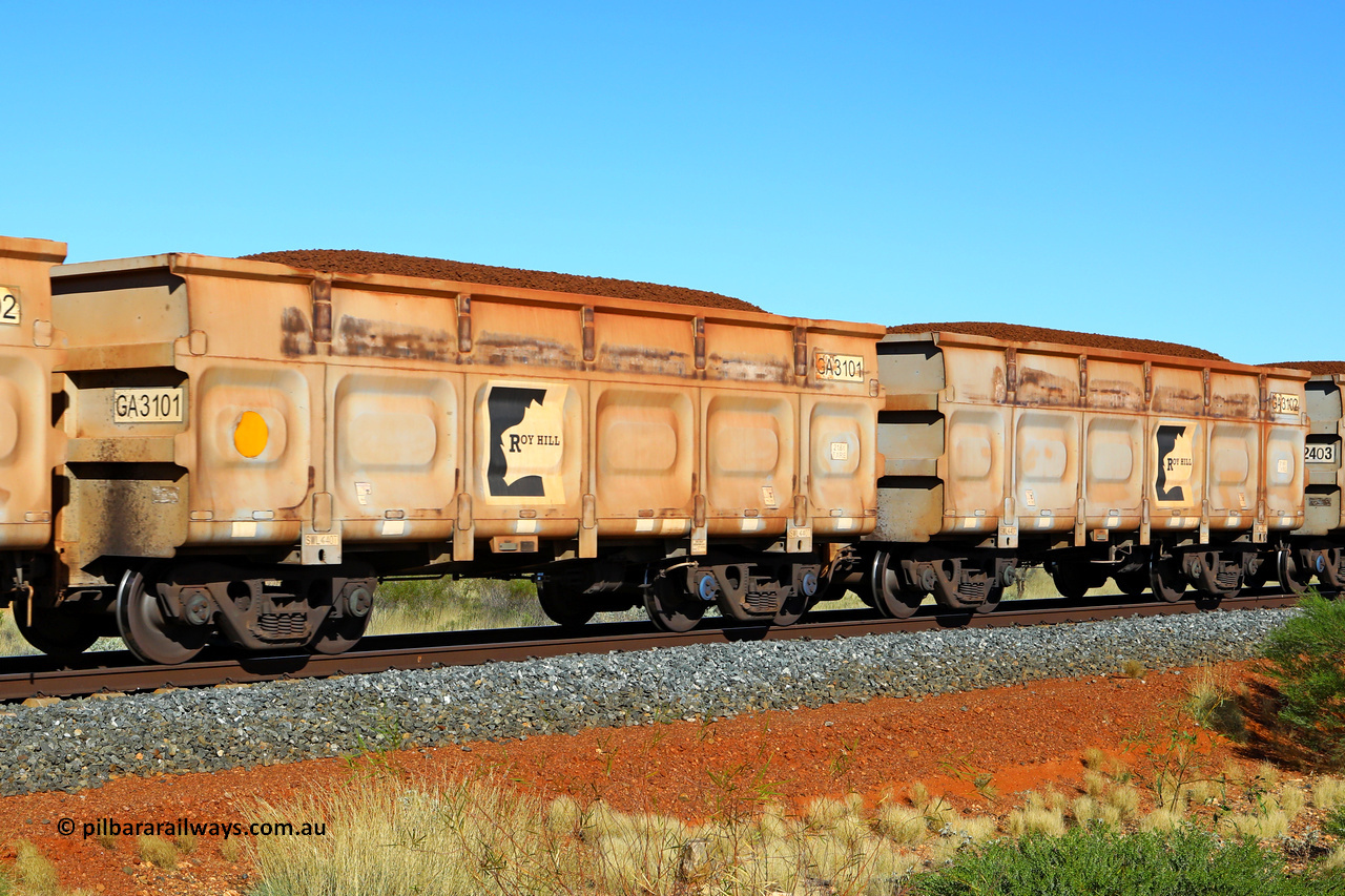 250501 0361
At the 88.448 km, just south of HPPL crossing loop on the Roy Hill line, loaded Roy Hill waggon pair GA 3101 - GA 3102, built in China by CSR Yangtze as an CCK138 model ore waggon. May 1, 2025.
Keywords: GA-type;GA3101-GA3102;CSR-Yangtze;CCK138;