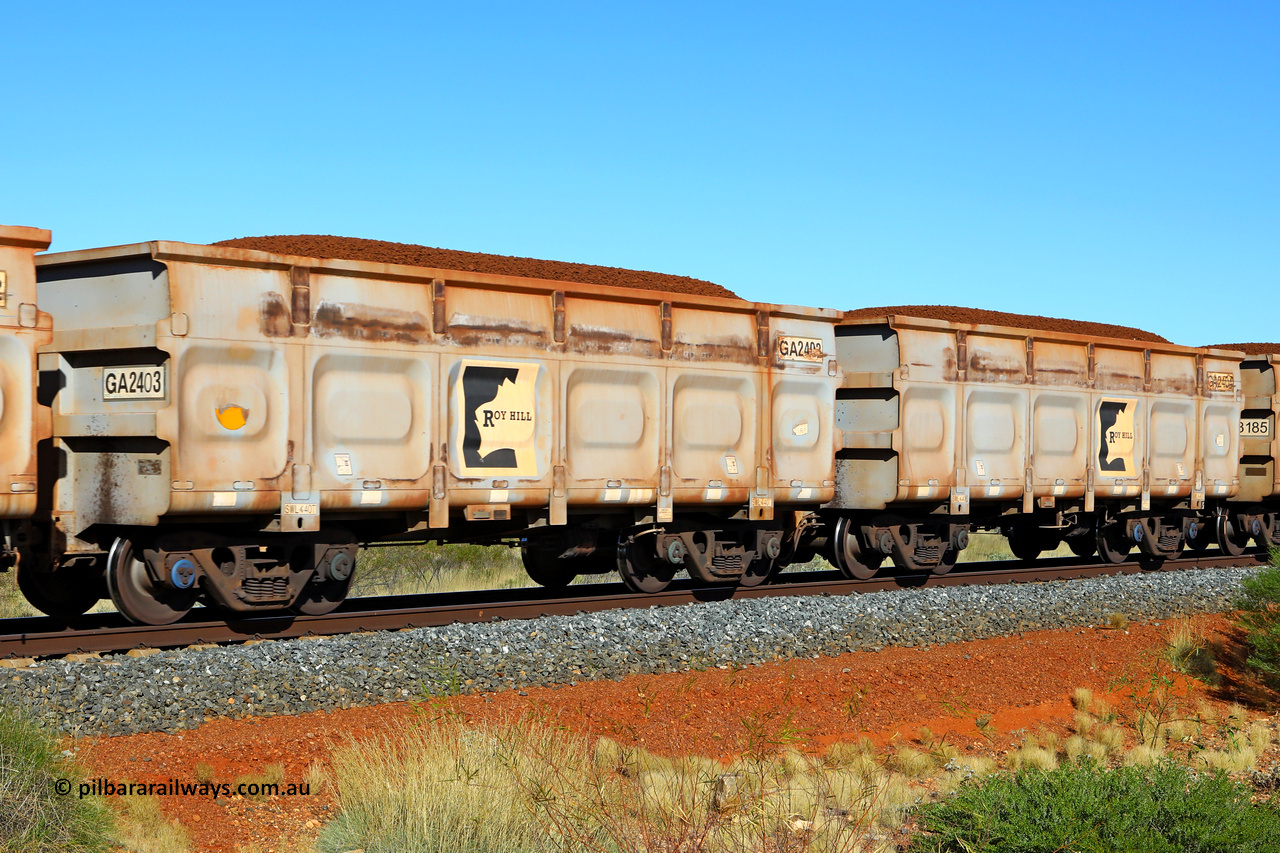 250501 0362
At the 88.448 km, just south of HPPL crossing loop on the Roy Hill line, loaded Roy Hill waggon pair GA 2403 - GA 2404, built in China by CSR Yangtze as an CCK138 model ore waggon. May 1, 2025.
Keywords: GA-type;GA2403-GA2404;CSR-Yangtze;CCK138;
