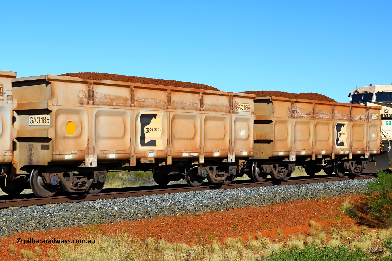 250501 0363
At the 88.448 km, just south of HPPL crossing loop on the Roy Hill line, loaded Roy Hill waggon pair GA 3185 - GA 3186, built in China by CSR Yangtze as an CCK138 model ore waggon. May 1, 2025.
Keywords: GA-type;GA3185-GA3186;CSR-Yangtze;CCK138;