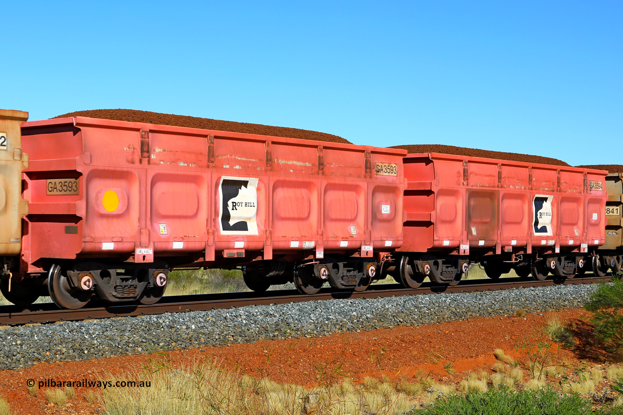 250501 0369
At the 88.448 km, just south of HPPL crossing loop on the Roy Hill line, loaded Roy Hill waggon pair GA 3593 - GA 3594, built in China by CRRC Yangtze as an CCK138 model ore waggon in Breast Cancer Awareness pink livery. May 1, 2025.
Keywords: GA-type;GA3593-GA3594;CRRC-Yangtze;CCK138;