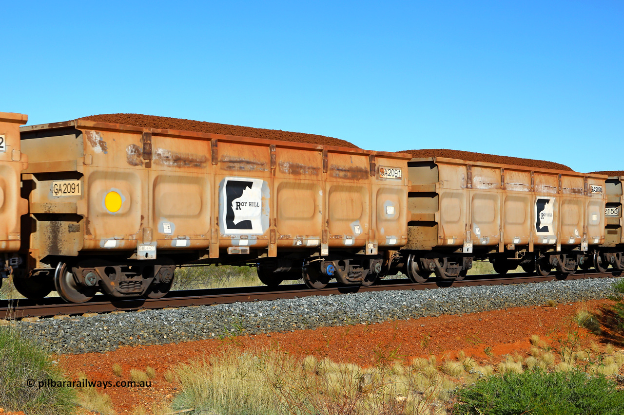 250501 0371
At the 88.448 km, just south of HPPL crossing loop on the Roy Hill line, loaded Roy Hill waggon pair GA 2091 - GA 2092, built in China by CSR Yangtze as an CCK138 model ore waggon. May 1, 2025.
Keywords: GA-type;GA2091-GA2092;CSR-Yangtze;CCK138;