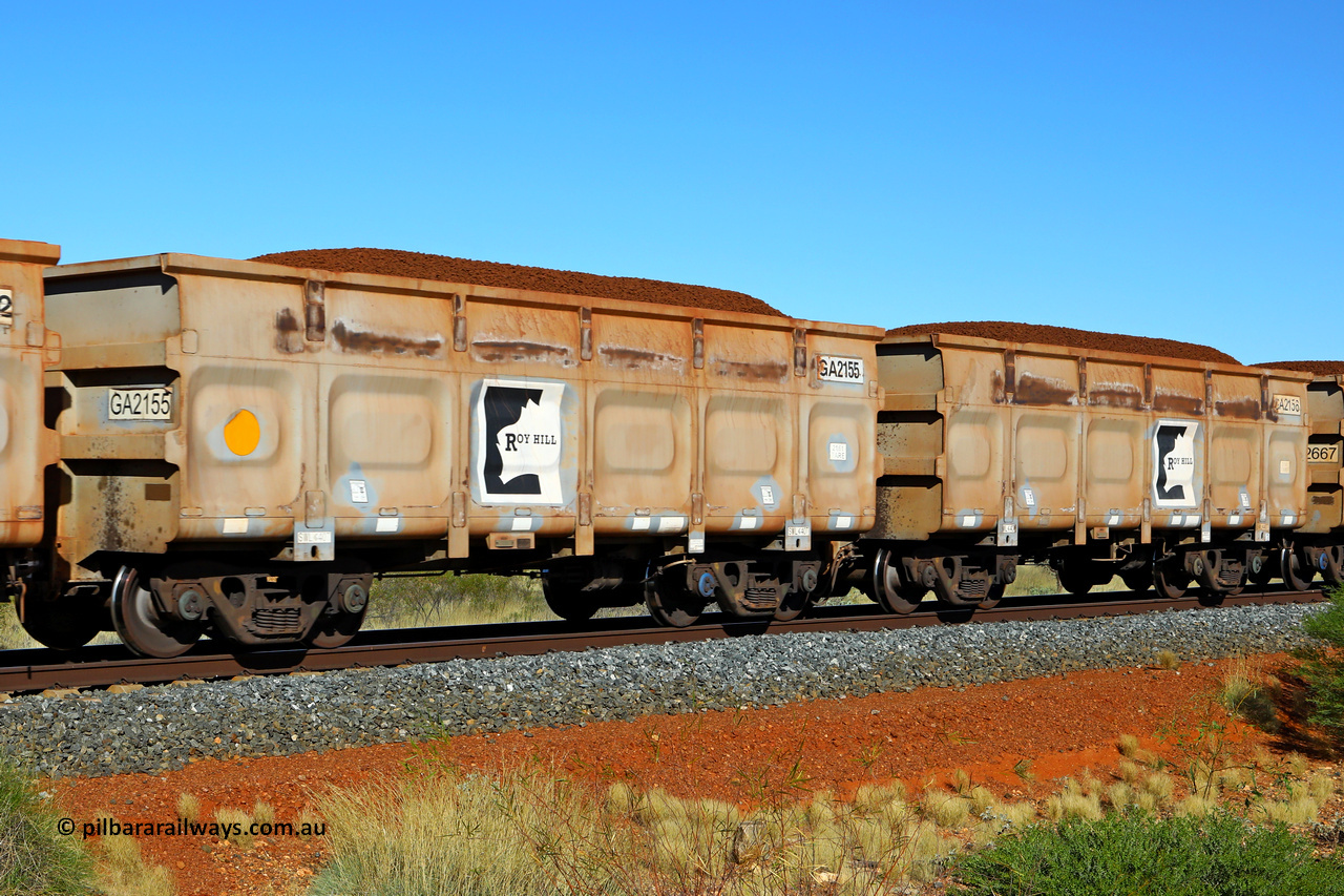 250501 0372
At the 88.448 km, just south of HPPL crossing loop on the Roy Hill line, loaded Roy Hill waggon pair GA 2155 - GA 2156, built in China by CSR Yangtze as an CCK138 model ore waggon. May 1, 2025.
Keywords: GA-type;GA2155-GA2156;CSR-Yangtze;CCK138;