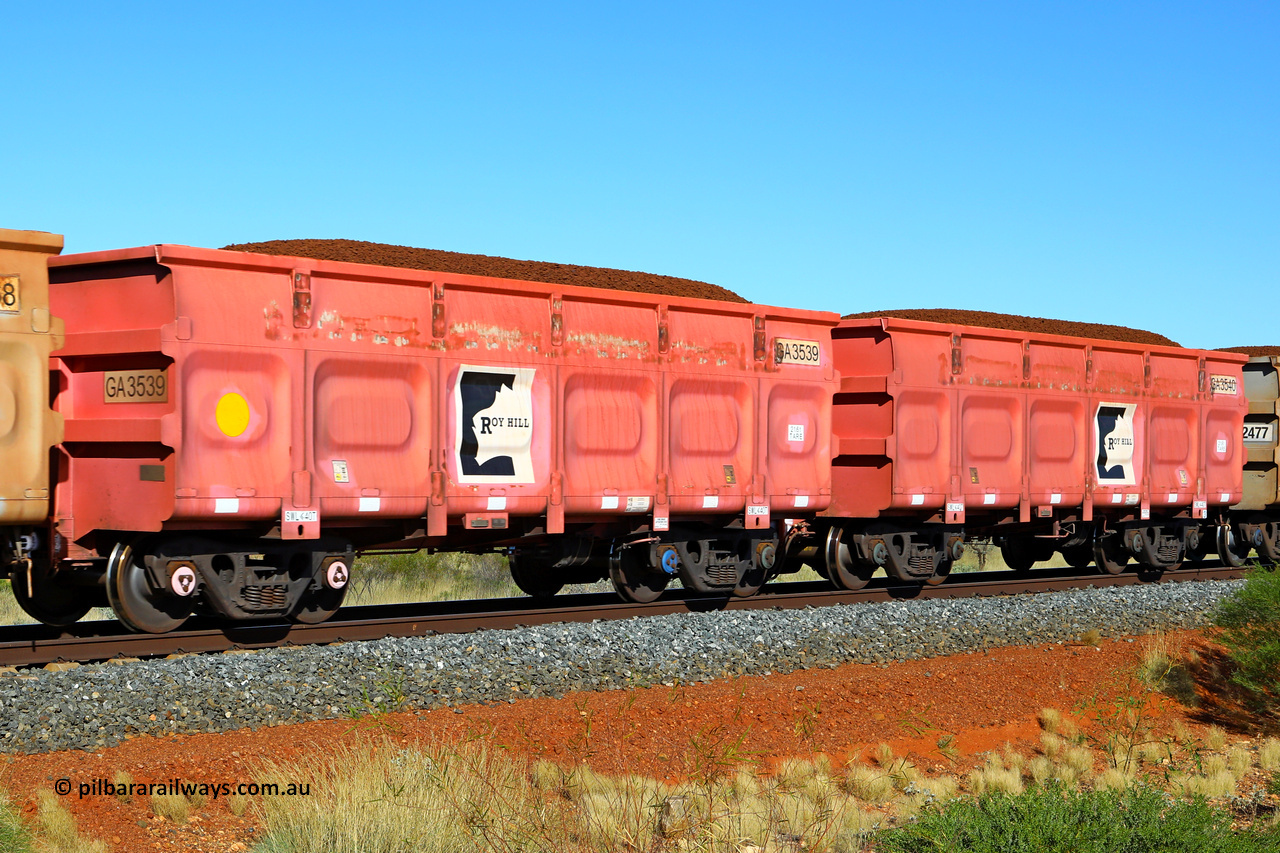 250501 0374
At the 88.448 km, just south of HPPL crossing loop on the Roy Hill line, loaded Roy Hill waggon pair GA 3539 - GA 3540, built in China by CRRC Yangtze as an CCK138 model ore waggon in Breast Cancer Awareness pink livery. May 1, 2025.
Keywords: GA-type;GA3539-GA3540;CRRC-Yangtze;CCK138;