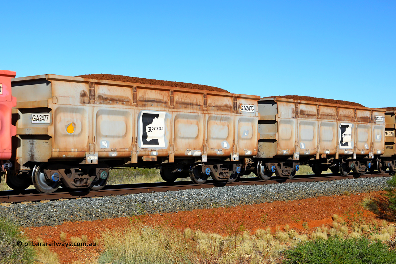 250501 0375
At the 88.448 km, just south of HPPL crossing loop on the Roy Hill line, loaded Roy Hill waggon pair GA 2477 - GA 2478, built in China by CSR Yangtze as an CCK138 model ore waggon. May 1, 2025.
Keywords: GA-type;GA2477-GA2478;CSR-Yangtze;CCK138;