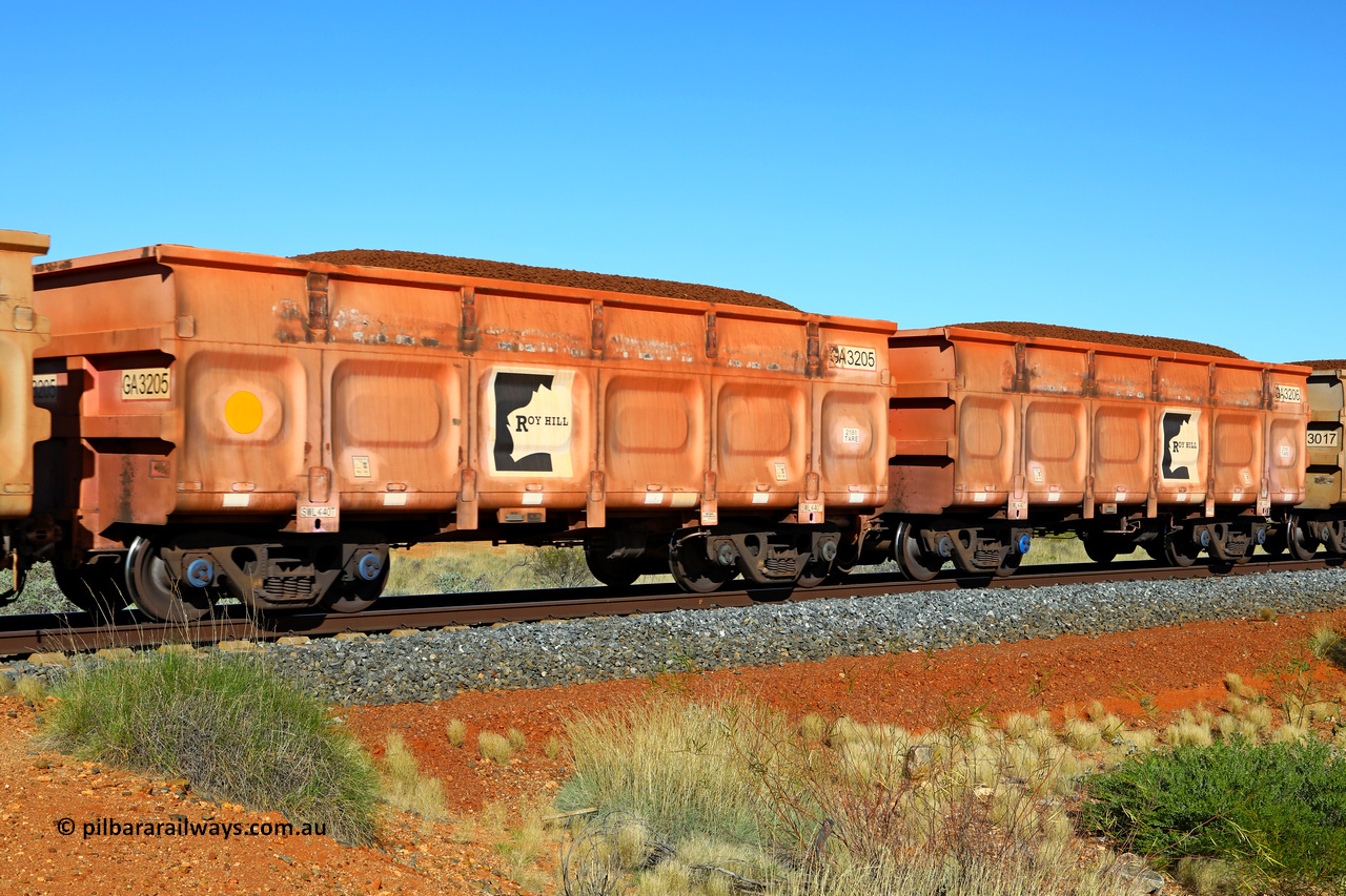 250501 0377
At the 88.448 km, just south of HPPL crossing loop on the Roy Hill line, loaded Roy Hill waggon pair GA 3205 - GA 3206, built in China by CRRC Yangtze as an CCK138 model ore waggon in Breast Cancer Awareness pink livery. May 1, 2025.
Keywords: GA-type;GA3205-GA3206;CRRC-Yangtze;CCK138;