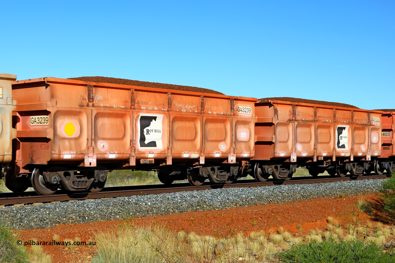 250501 0386
At the 88.448 km, just south of HPPL crossing loop on the Roy Hill line, loaded Roy Hill waggon pair GA 3239 - GA 3240, built in China by CRRC Yangtze as an CCK138 model ore waggon in Breast Cancer Awareness pink livery. May 1, 2025.
Keywords: GA-type;GA3239-GA3240;CRRC-Yangtze;CCK138;