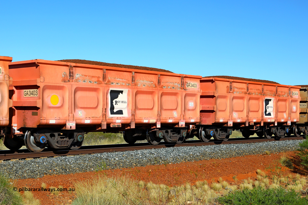 250501 0387
At the 88.448 km, just south of HPPL crossing loop on the Roy Hill line, loaded Roy Hill waggon pair GA 3403 - GA 3404, built in China by CRRC Yangtze as an CCK138 model ore waggon in Breast Cancer Awareness pink livery. May 1, 2025.
Keywords: GA-type;GA3403-GA3404;CRRC-Yangtze;CCK138;