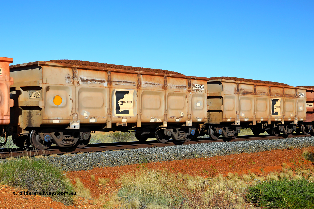 250501 0394
At the 88.448 km, just south of HPPL crossing loop on the Roy Hill line, loaded Roy Hill waggon pair GA 2093 - GA 2094, built in China by CSR Yangtze as an CCK138 model ore waggon. May 1, 2025.
Keywords: GA-type;GA2093-GA2094;CSR-Yangtze;CCK138;