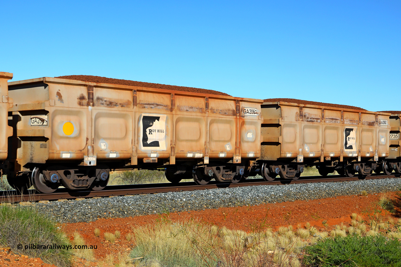 250501 0399
At the 88.448 km, just south of HPPL crossing loop on the Roy Hill line, loaded Roy Hill waggon pair GA 2061 - GA 2062, built in China by CSR Yangtze as an CCK138 model ore waggon. May 1, 2025.
Keywords: GA-type;GA2061-GA2062;CSR-Yangtze;CCK138;