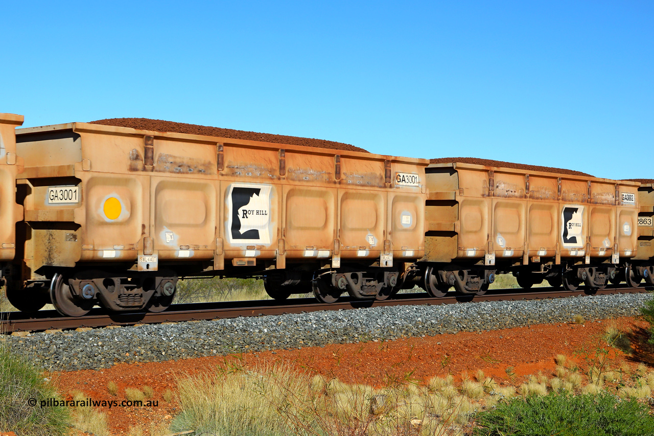250501 0401
At the 88.448 km, just south of HPPL crossing loop on the Roy Hill line, loaded Roy Hill waggon pair GA 3001 - GA 3002, built in China by CSR Yangtze as an CCK138 model ore waggon. May 1, 2025.
Keywords: GA-type;GA3001-GA3002;CSR-Yangtze;CCK138;