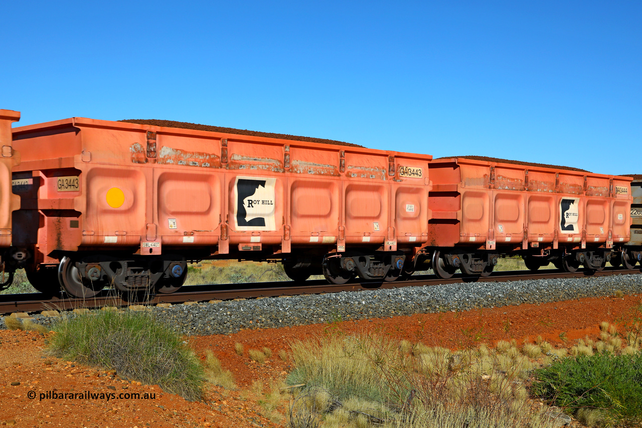 250501 0405
At the 88.448 km, just south of HPPL crossing loop on the Roy Hill line, loaded Roy Hill waggon pair GA 3443 - GA 3444, built in China by CRRC Yangtze as an CCK138 model ore waggon in Breast Cancer Awareness pink livery. May 1, 2025.
Keywords: GA-type;GA3443-GA3444;CRRC-Yangtze;CCK138;