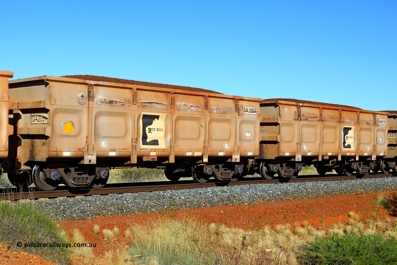 250501 0409
At the 88.448 km, just south of HPPL crossing loop on the Roy Hill line, loaded Roy Hill waggon pair GA 2057 - GA 2058, built in China by CSR Yangtze as an CCK138 model ore waggon. May 1, 2025.
Keywords: GA-type;GA2057-GA2058;CSR-Yangtze;CCK138;