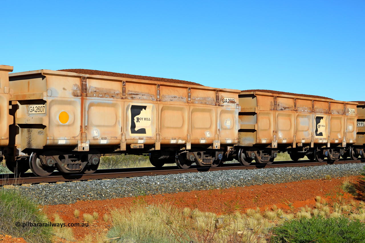 250501 0420
At the 88.448 km, just south of HPPL crossing loop on the Roy Hill line, loaded Roy Hill waggon pair GA 2607 - GA 2608, built in China by CSR Yangtze as an CCK138 model ore waggon. May 1, 2025.
Keywords: GA-type;GA2607-GA2608;CSR-Yangtze;CCK138