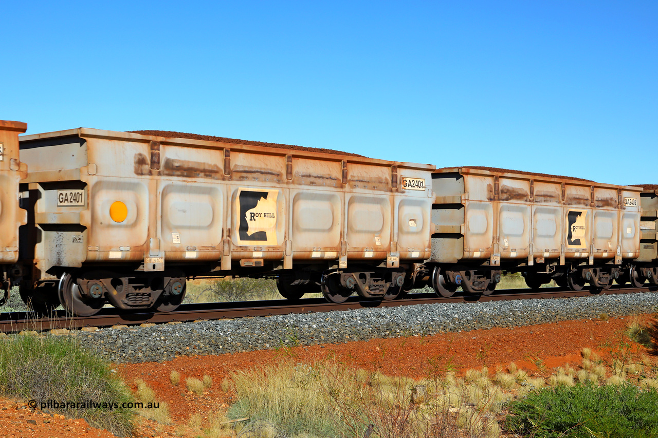 250501 0423
At the 88.448 km, just south of HPPL crossing loop on the Roy Hill line, loaded Roy Hill waggon pair GA 2401 - GA 2402, built in China by CSR Yangtze as an CCK138 model ore waggon. May 1, 2025.
Keywords: GA-type;GA2401-GA2402;CSR-Yangtze;CCK138