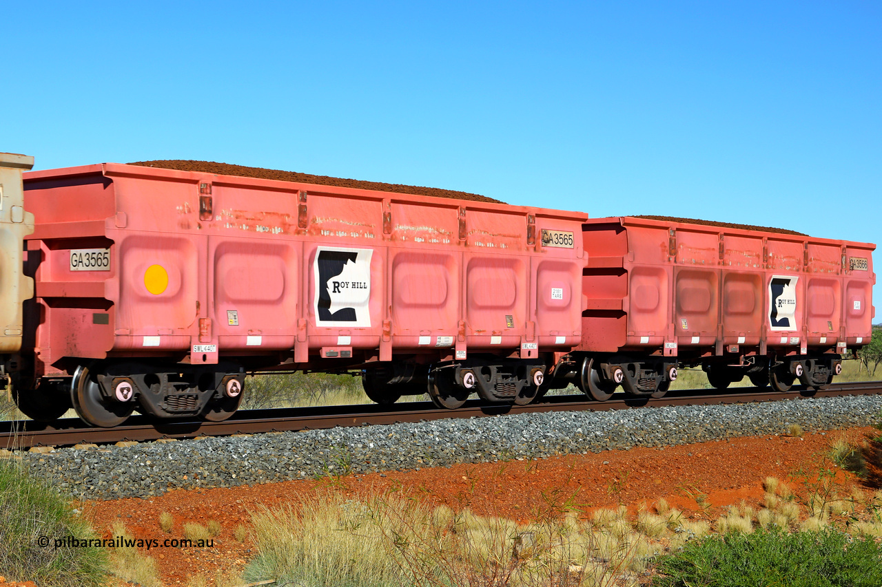250501 0425
At the 88.448 km, just south of HPPL crossing loop on the Roy Hill line, loaded Roy Hill waggon pair GA 3565 - GA 3566, built in China by CRRC Yangtze as an CCK138 model ore waggon in Breast Cancer Awareness pink livery. May 1, 2025.
Keywords: GA-type;GA3565-GA3566;CRRC-Yangtze;CCK138