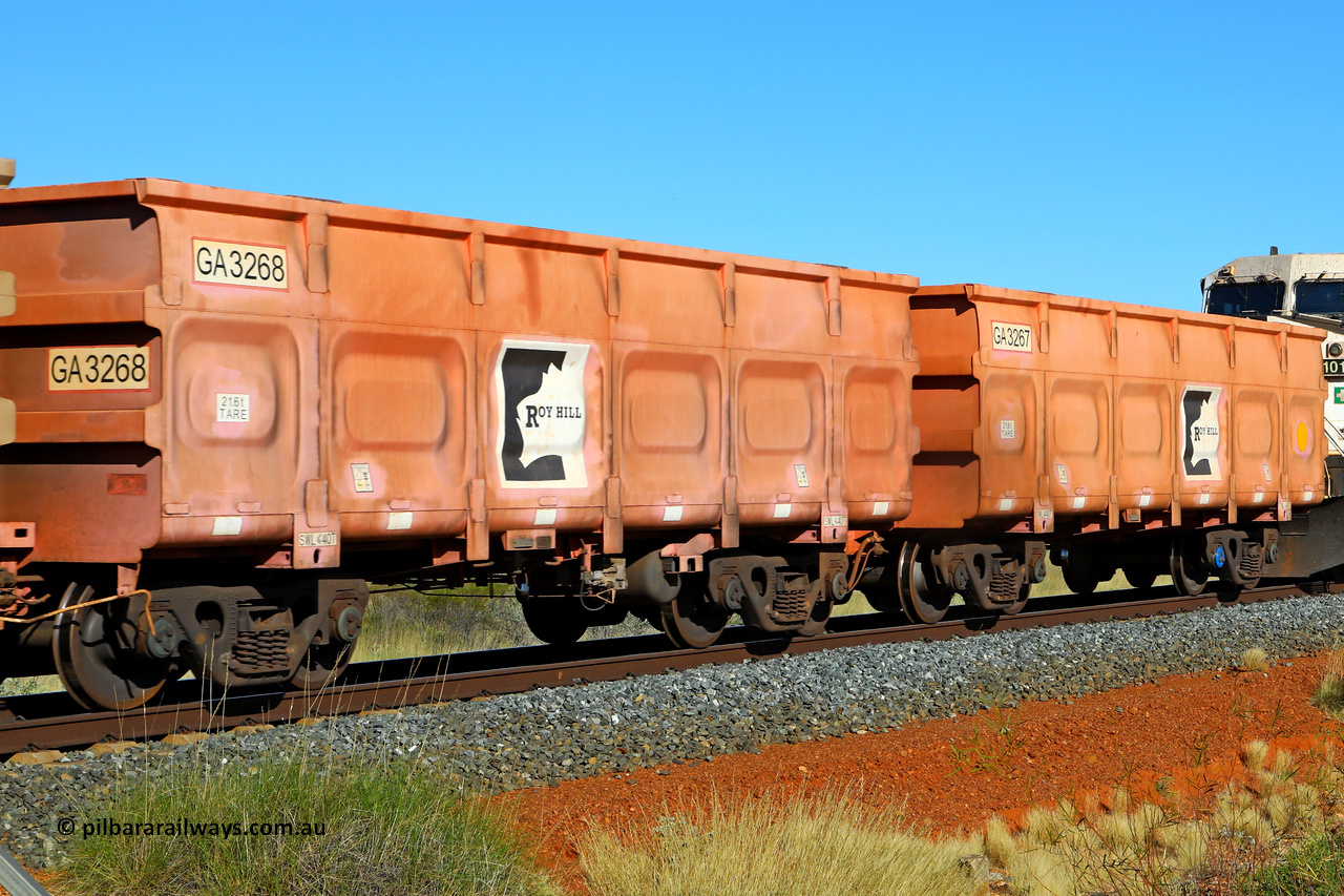 250501 0432
At the 88.448 km, just south of HPPL crossing loop on the Roy Hill line, empty Roy Hill waggon pair GA 3267 - GA 3268, built in China by CRRC Yangtze as an CCK138 model ore waggon in Breast Cancer Awareness pink livery. May 1, 2025.
Keywords: GA-type;GA3267-GA3268;CRRC-Yangtze;CCK138;