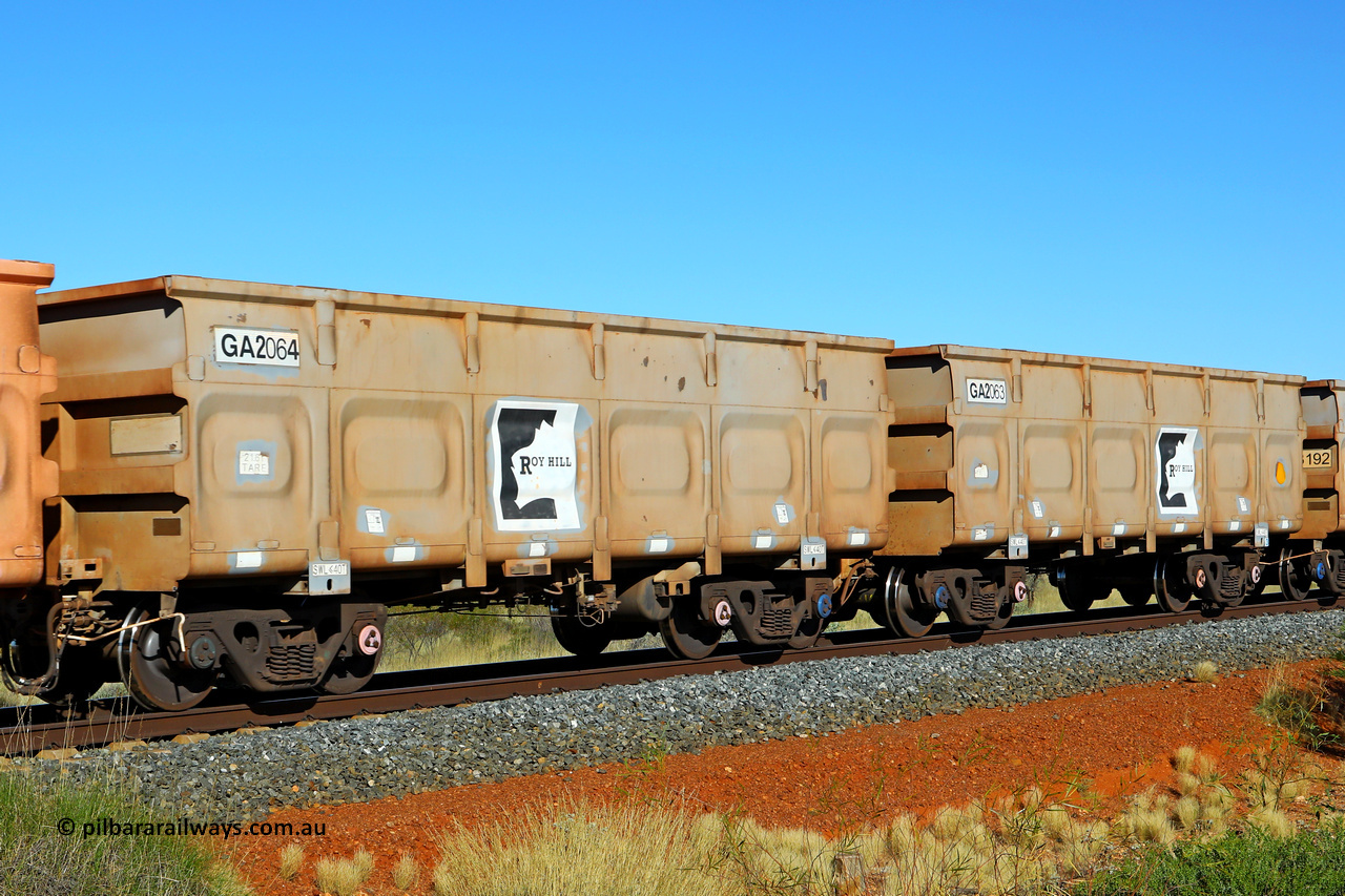 250501 0444
At the 88.448 km, just south of HPPL crossing loop on the Roy Hill line, empty Roy Hill waggon pair GA 2063 - GA 2064, built in China by CSR Yangtze as an CCK138 model ore waggon. May 1, 2025.
Keywords: GA-type;GA2063-GA2064;CSR-Yangtze;CCK138;