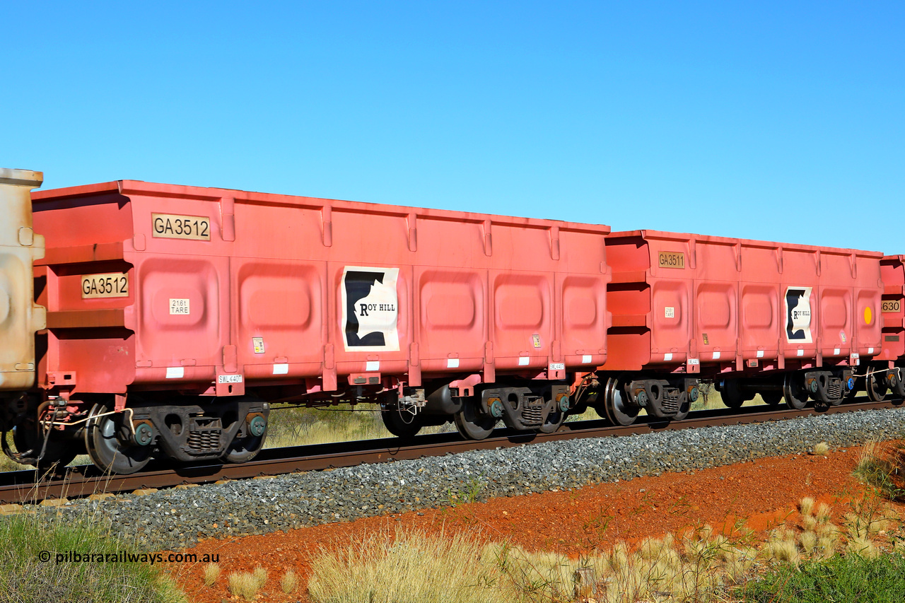 250501 0447
At the 88.448 km, just south of HPPL crossing loop on the Roy Hill line, empty Roy Hill waggon pair GA 3511 - GA 3512, built in China by CRRC Yangtze as an CCK138 model ore waggon in Breast Cancer Awareness pink livery. May 1, 2025.
Keywords: GA-type;GA3511-GA3512;CRRC-Yangtze;CCK138;