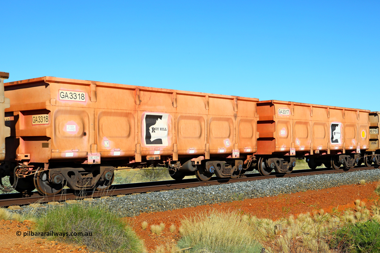 250501 0456
At the 88.448 km, just south of HPPL crossing loop on the Roy Hill line, empty Roy Hill waggon pair GA 3317 - GA 3318, built in China by CRRC Yangtze as an CCK138 model ore waggon in Breast Cancer Awareness pink livery. May 1, 2025.
Keywords: GA-type;GA3317-GA3318;CRRC-Yangtze;CCK138;