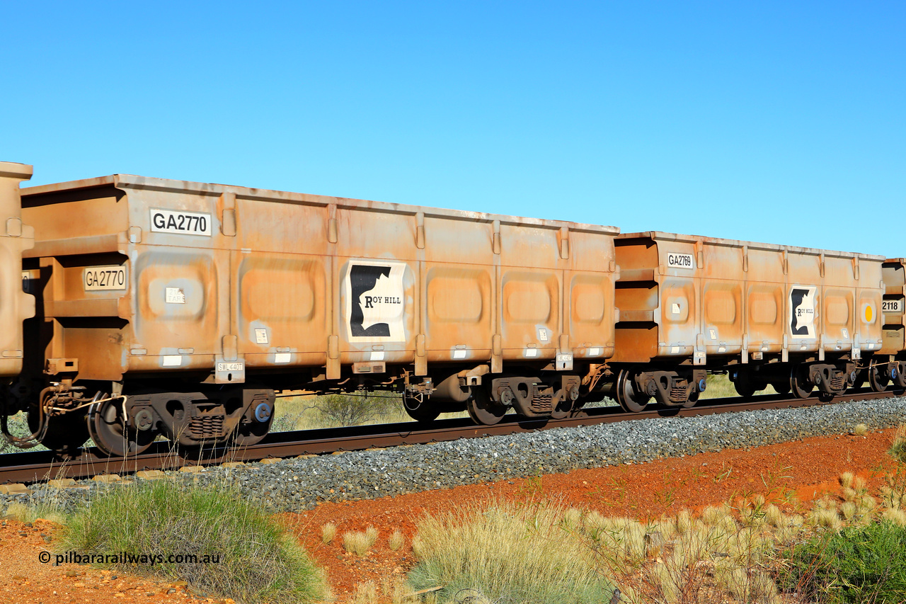 250501 0458
At the 88.448 km, just south of HPPL crossing loop on the Roy Hill line, empty Roy Hill waggon pair GA 2769 - GA 2770, built in China by CSR Yangtze as an CCK138 model ore waggon. May 1, 2025.
Keywords: GA-type;GA2769-GA2770;CSR-Yangtze;CCK138;