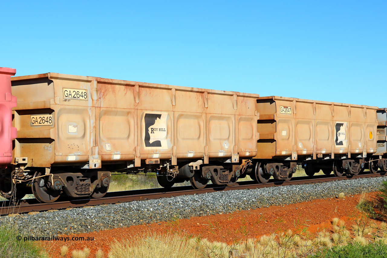 250501 0462
At the 88.448 km, just south of HPPL crossing loop on the Roy Hill line, empty Roy Hill waggon pair GA 2647 - GA 2648, built in China by CSR Yangtze as an CCK138 model ore waggon. May 1, 2025.
Keywords: GA-type;GA2647-GA2648;CSR-Yangtze;CCK138;