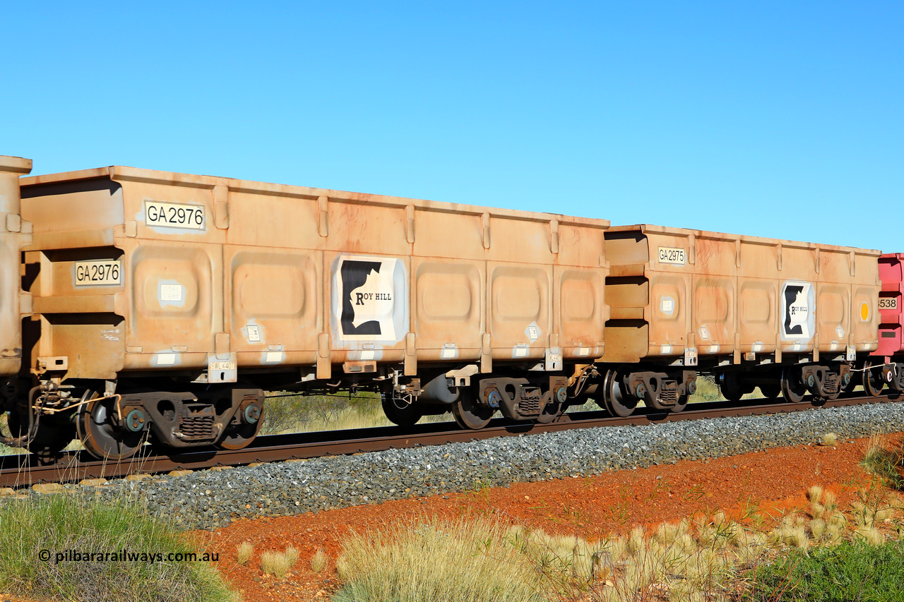 250501 0464
At the 88.448 km, just south of HPPL crossing loop on the Roy Hill line, empty Roy Hill waggon pair GA 2975 - GA 2976, built in China by CSR Yangtze as an CCK138 model ore waggon. May 1, 2025.
Keywords: GA-type;GA2975-GA2976;CSR-Yangtze;CCK138;