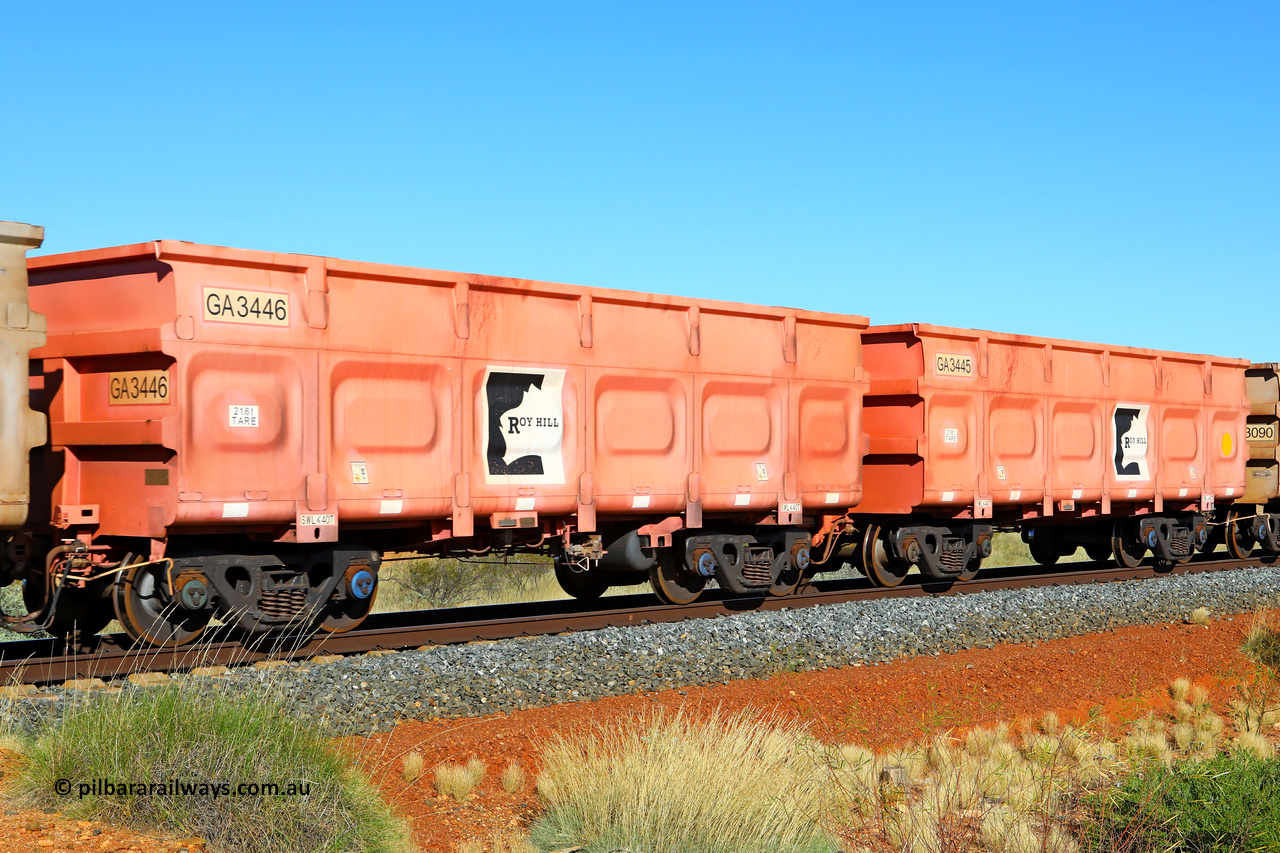 250501 0473
At the 88.448 km, just south of HPPL crossing loop on the Roy Hill line, empty Roy Hill waggon pair GA 3445 - GA 3446, built in China by CRRC Yangtze as an CCK138 model ore waggon in Breast Cancer Awareness pink livery. May 1, 2025.
Keywords: GA-type;GA3445-GA3446;CRRC-Yangtze;CCK138;