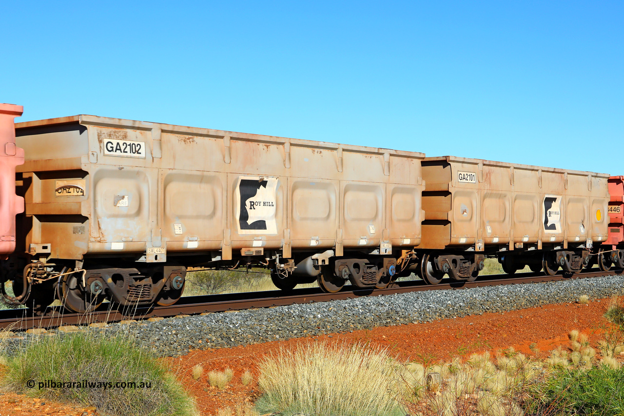 250501 0474
At the 88.448 km, just south of HPPL crossing loop on the Roy Hill line, empty Roy Hill waggon pair GA 2101 - GA 2102, built in China by CSR Yangtze as an CCK138 model ore waggon. May 1, 2025.
Keywords: GA-type;GA2101-GA2102;CSR-Yangtze;CCK138;