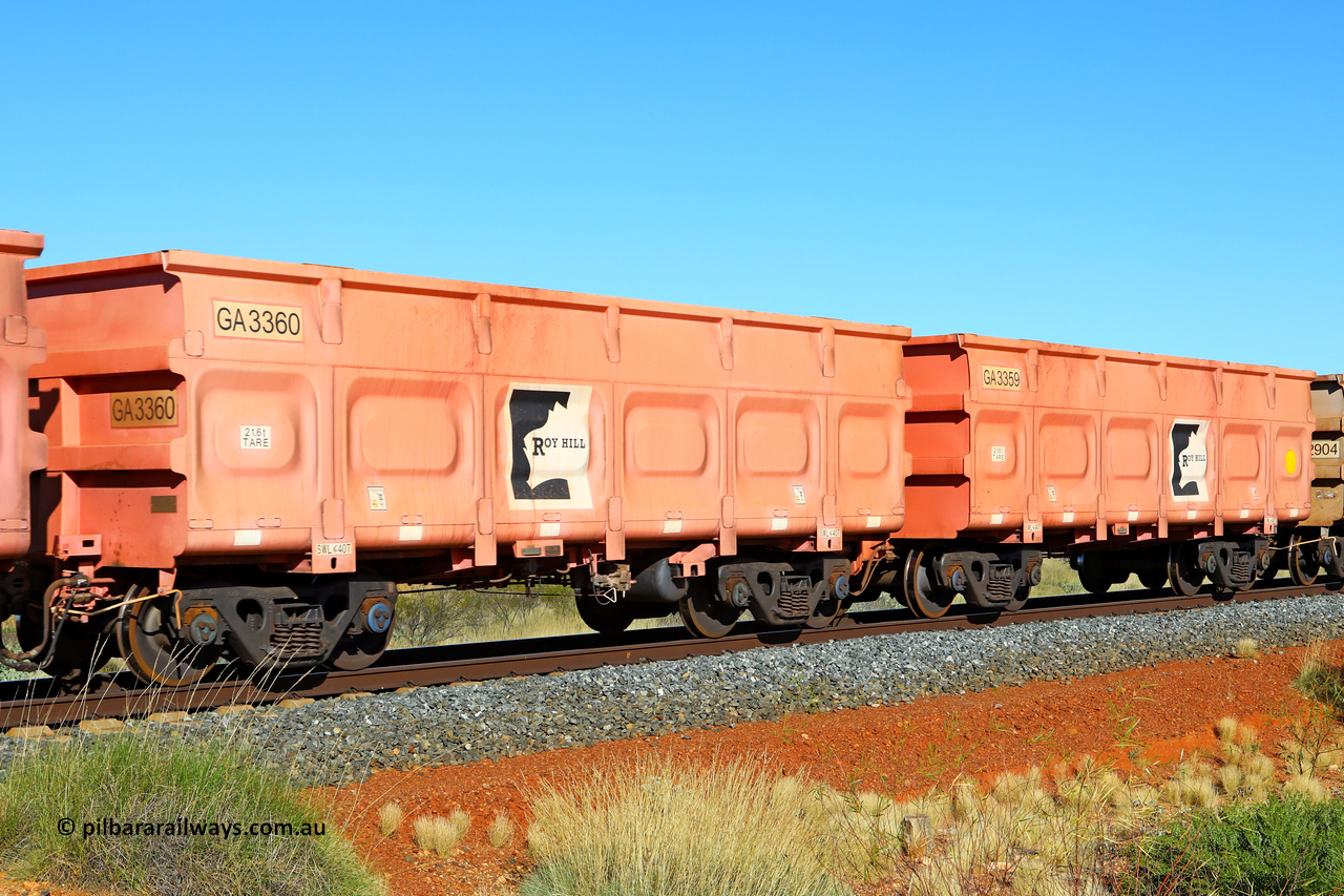 250501 0481
At the 88.448 km, just south of HPPL crossing loop on the Roy Hill line, empty Roy Hill waggon pair GA 3359 - GA 3360, built in China by CRRC Yangtze as an CCK138 model ore waggon in Breast Cancer Awareness pink livery. May 1, 2025.
Keywords: GA-type;GA3359-GA3360;CRRC-Yangtze;CCK138