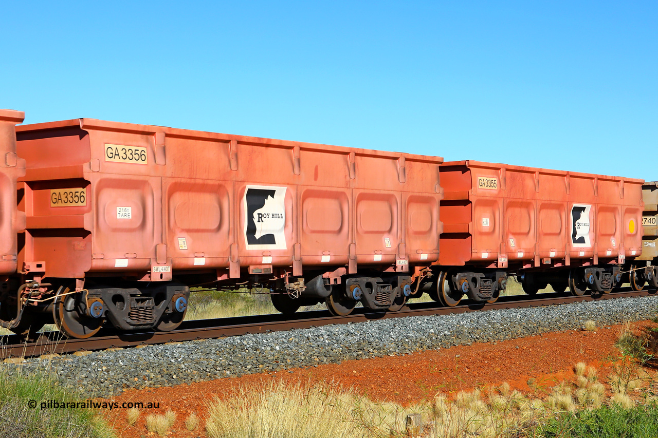 250501 0484
At the 88.448 km, just south of HPPL crossing loop on the Roy Hill line, empty Roy Hill waggon pair GA 3355 - GA 3356, built in China by CRRC Yangtze as an CCK138 model ore waggon in Breast Cancer Awareness pink livery. May 1, 2025.
Keywords: GA-type;GA3355-GA3356;CRRC-Yangtze;CCK138