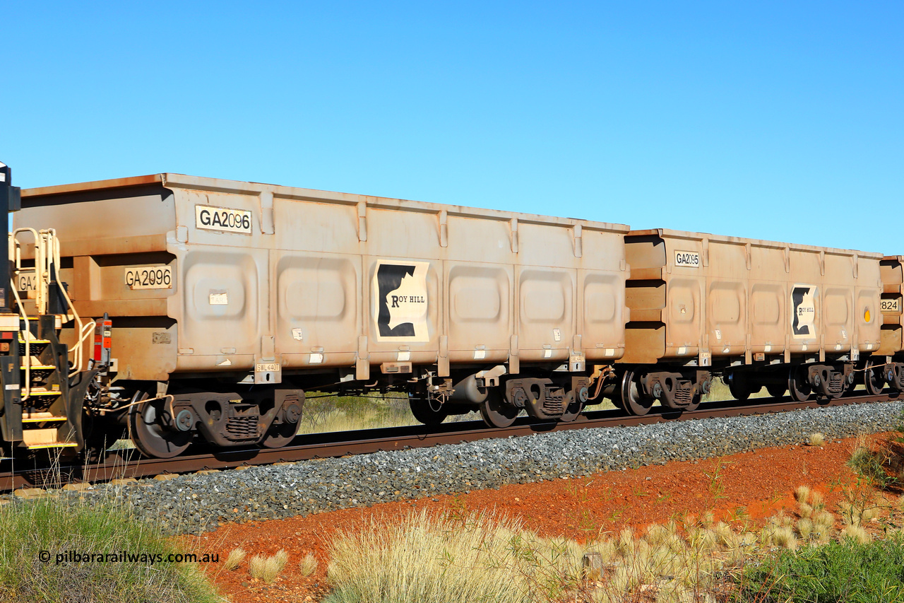 250501 0492
At the 88.448 km, just south of HPPL crossing loop on the Roy Hill line, empty Roy Hill waggon pair GA 2095 - GA 2096, built in China by CSR Yangtze as an CCK138 model ore waggon. May 1, 2025.
Keywords: GA-type;GA2095-GA2096;CSR-Yangtze;CCK138