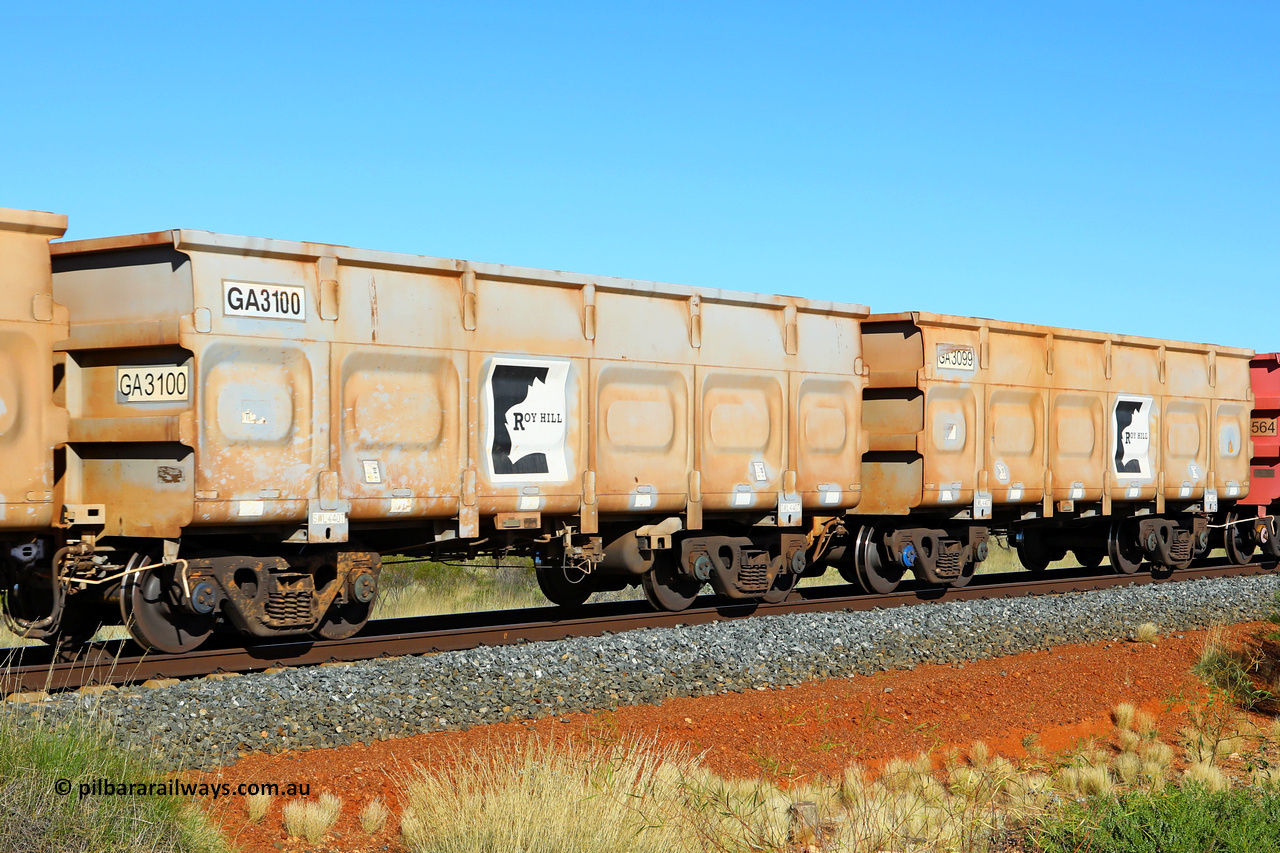 250501 0499
At the 88.448 km, just south of HPPL crossing loop on the Roy Hill line, empty Roy Hill waggon pair GA 3099 - GA 3100, built in China by CSR Yangtze as an CCK138 model ore waggon. May 1, 2025.
Keywords: GA-type;GA3099-GA3100;CSR-Yangtze;CCK138;