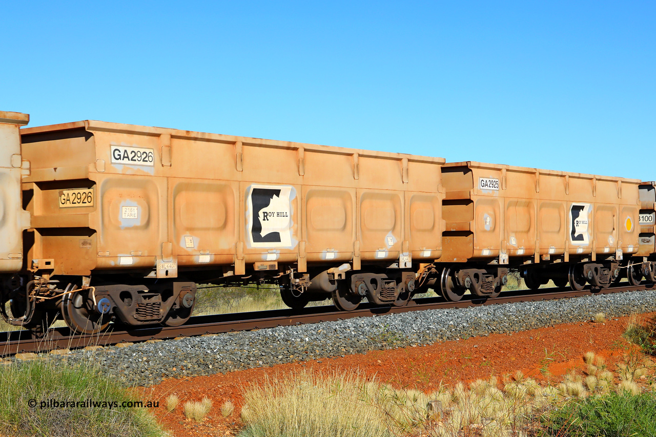 250501 0500
At the 88.448 km, just south of HPPL crossing loop on the Roy Hill line, empty Roy Hill waggon pair GA 2925 - GA 2926, built in China by CSR Yangtze as an CCK138 model ore waggon. May 1, 2025.
Keywords: GA-type;GA2925-GA2926;CSR-Yangtze;CCK138;