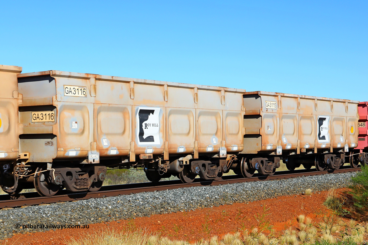 250501 0506
At the 88.448 km, just south of HPPL crossing loop on the Roy Hill line, empty Roy Hill waggon pair GA 3115 - GA 3116, built in China by CSR Yangtze as an CCK138 model ore waggon. May 1, 2025.
Keywords: GA-type;GA3115-GA3116;CSR-Yangtze;CCK138;