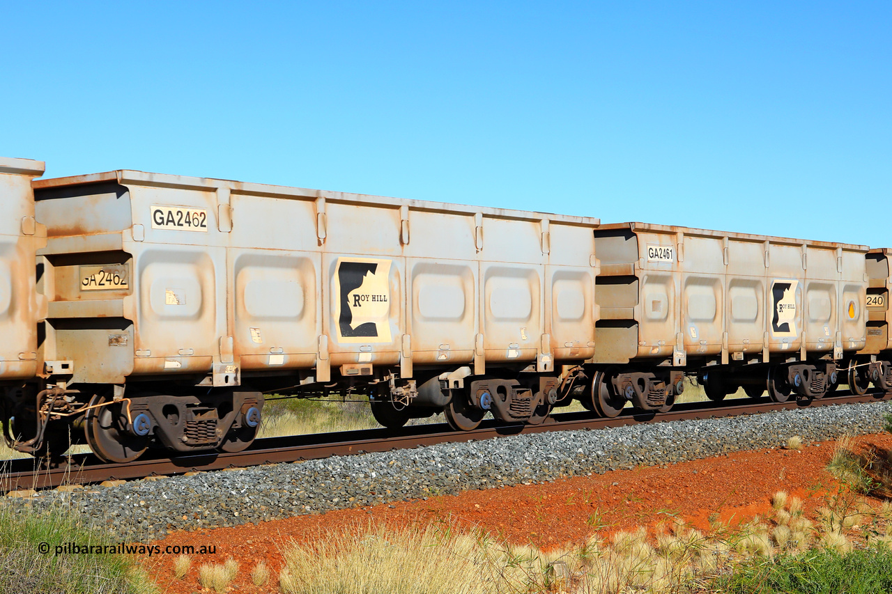 250501 0509
At the 88.448 km, just south of HPPL crossing loop on the Roy Hill line, empty Roy Hill waggon pair GA 2461 - GA 2461, built in China by CSR Yangtze as an CCK138 model ore waggon. May 1, 2025.
Keywords: GA-type;GA2461-GA2461;CSR-Yangtze;CCK138;