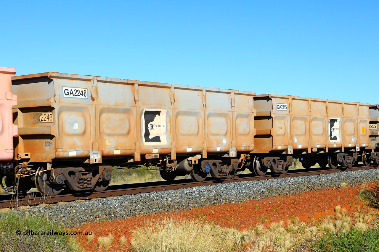 250501 0511
At the 88.448 km, just south of HPPL crossing loop on the Roy Hill line, empty Roy Hill waggon pair GA 2245 - GA 2246, built in China by CSR Yangtze as an CCK138 model ore waggon. May 1, 2025.
Keywords: GA-type;GA2245-GA2246;CSR-Yangtze;CCK138;